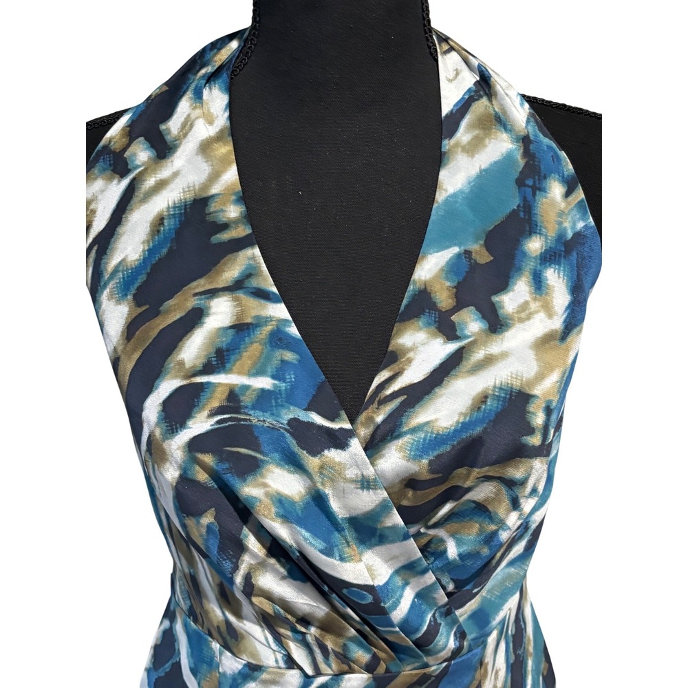 Silk Abstract Teal Blue Gold Halter Neck Babydoll ruche Dress Sz 2 y2k 90s fairy - Picture 2 of 11